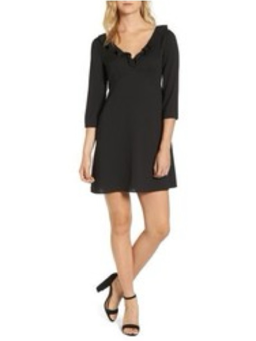 Cooper + Ella 3/4 sleeve little black dress with ruffles small